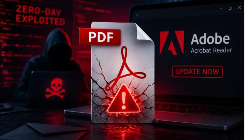 Haker w kapturze z czaszką na laptopie. Na pierwszym planie pęknięty plik PDF z ostrzeżeniem. Obok laptop z napisem "Adobe Acrobat Reader UPDATE NOW".