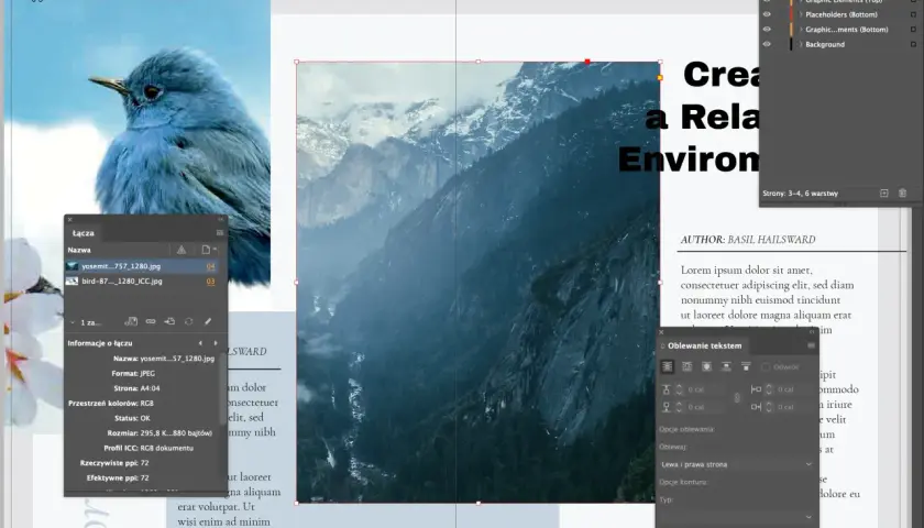 Projekt w **Adobe Design**: ptak na tle gór, z panelami warstw i linków.