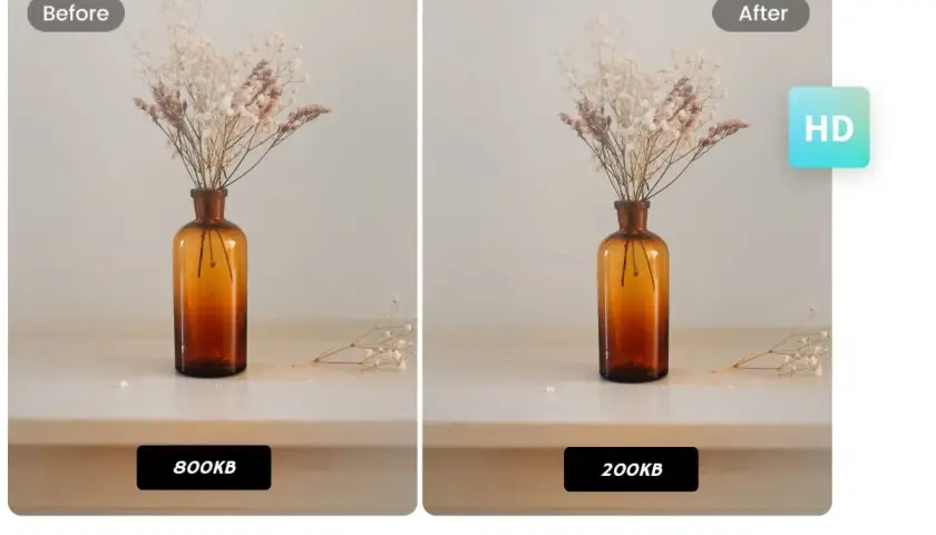 Przed i po: jak zmniejszyć rozmiar pliku JPG z 800KB do 200KB, zachowując jakość HD. Bukiet kwiatów w bursztynowej wazonie.