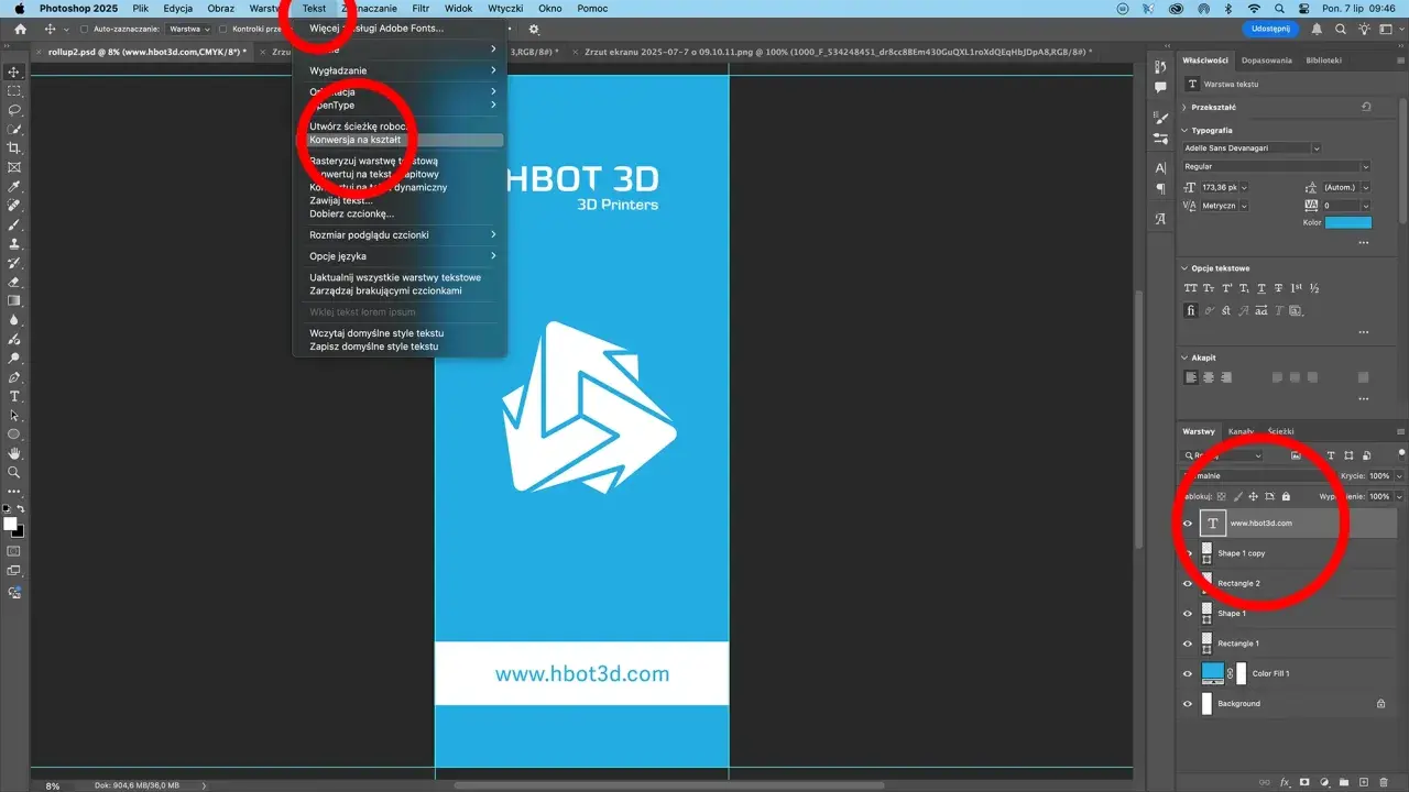 W programie Photoshop, w menu "Tekst" wybrano opcję "Konwersja na kształt", a warstwa tekstowa z adresem www.hbot3d.com jest widoczna w panelu Warstwy.