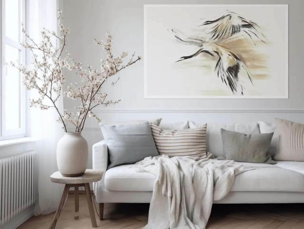 Biała sofa z poduszkami i narzutą, obok wazon z gałązkami kwitnącej wiśni. Na ścianie obraz z żurawiami, gdzie **negative space** podkreśla dynamikę ptaków.