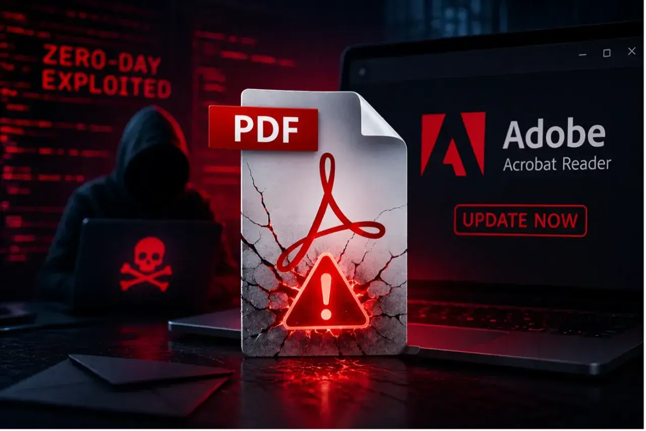 Haker w kapturze z czaszką na laptopie. Na pierwszym planie pęknięty plik PDF z ostrzeżeniem. Obok laptop z napisem "Adobe Acrobat Reader UPDATE NOW".