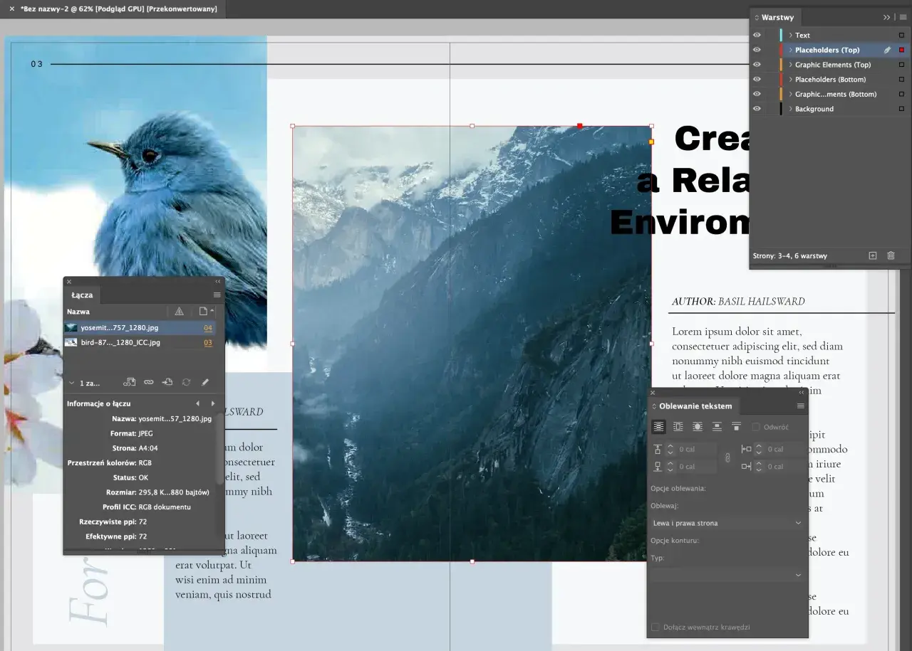 Projekt w **Adobe Design**: ptak na tle gór, z panelami warstw i linków.