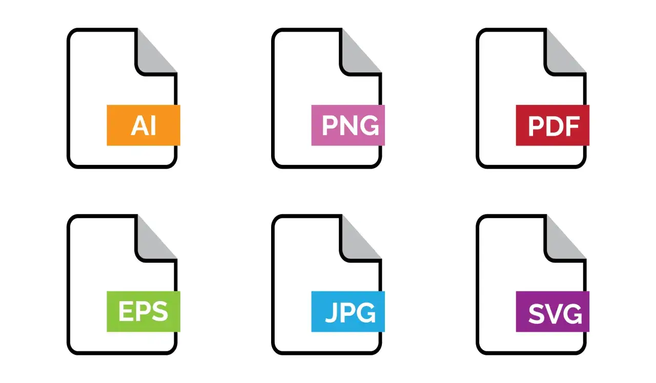 Ikony plików: AI, PNG, PDF, EPS, JPG, SVG. Wersja wektorowa logo jest dostępna w formacie SVG.