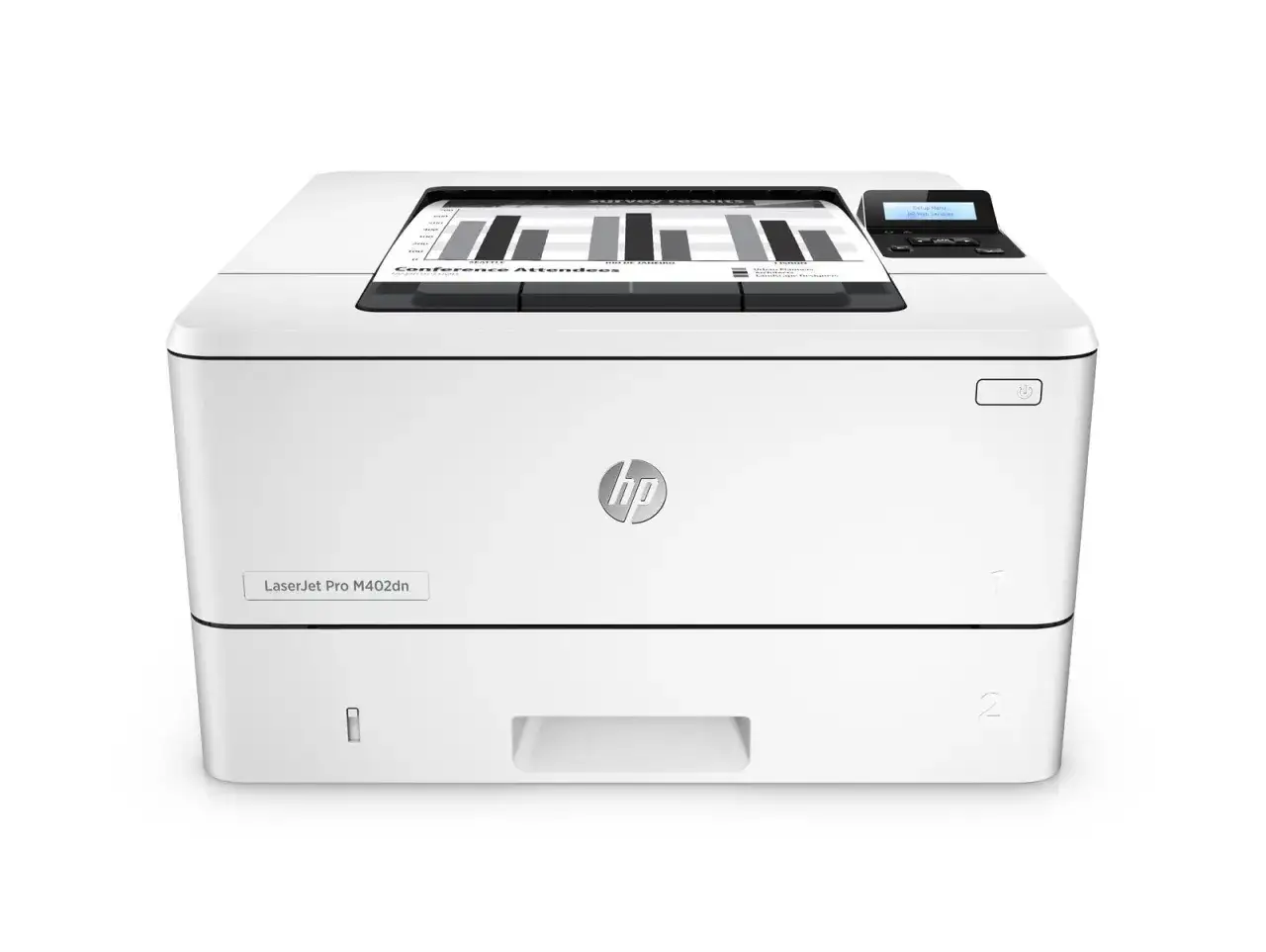 Biała drukarka HP LaserJet Pro M402dn z wydrukowanym wykresem wyników konferencji. Drukarka obsługuje format pcl.