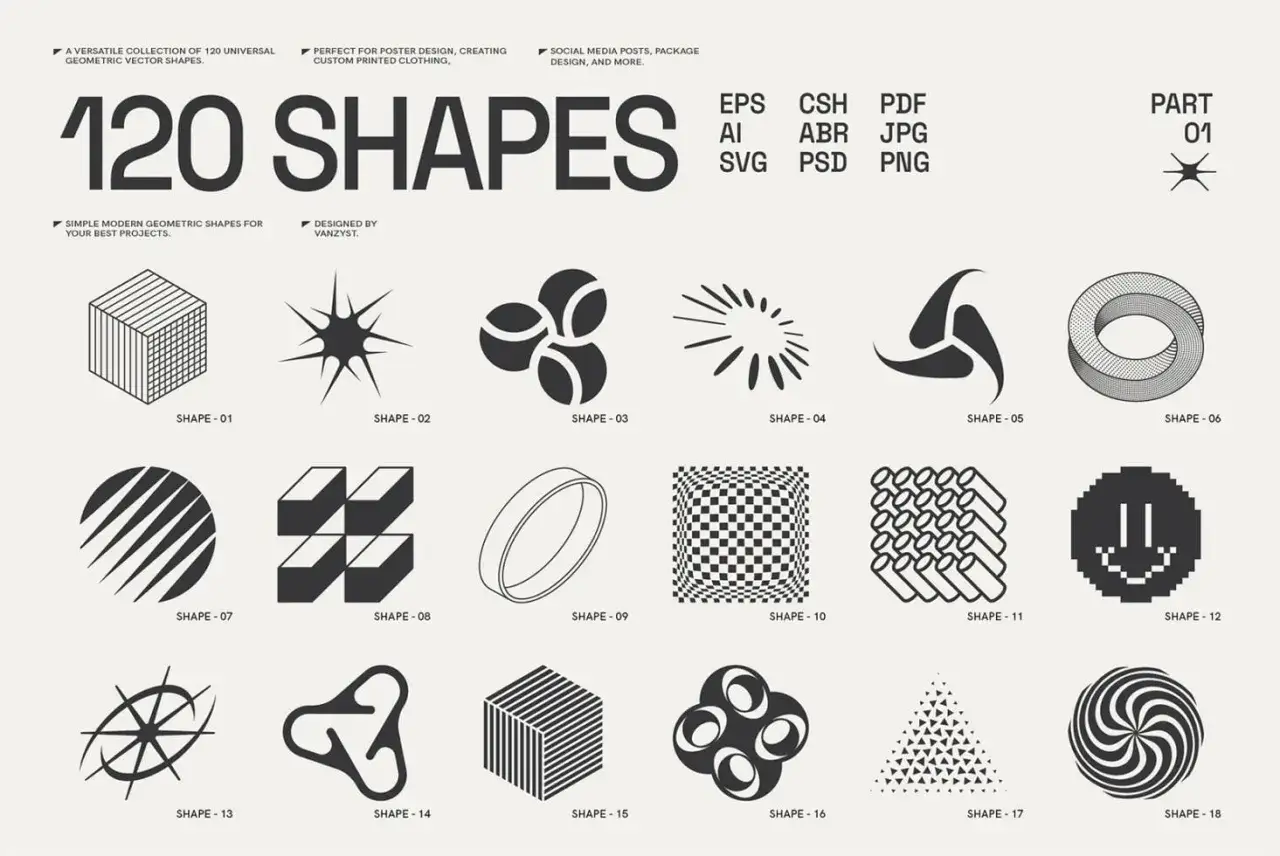 Kolekcja 120 nowoczesnych, geometrycznych wzorów do projektów graficznych. Znajdziesz tu m.in. kostki, gwiazdy, spirale i inne ciekawe kształty.