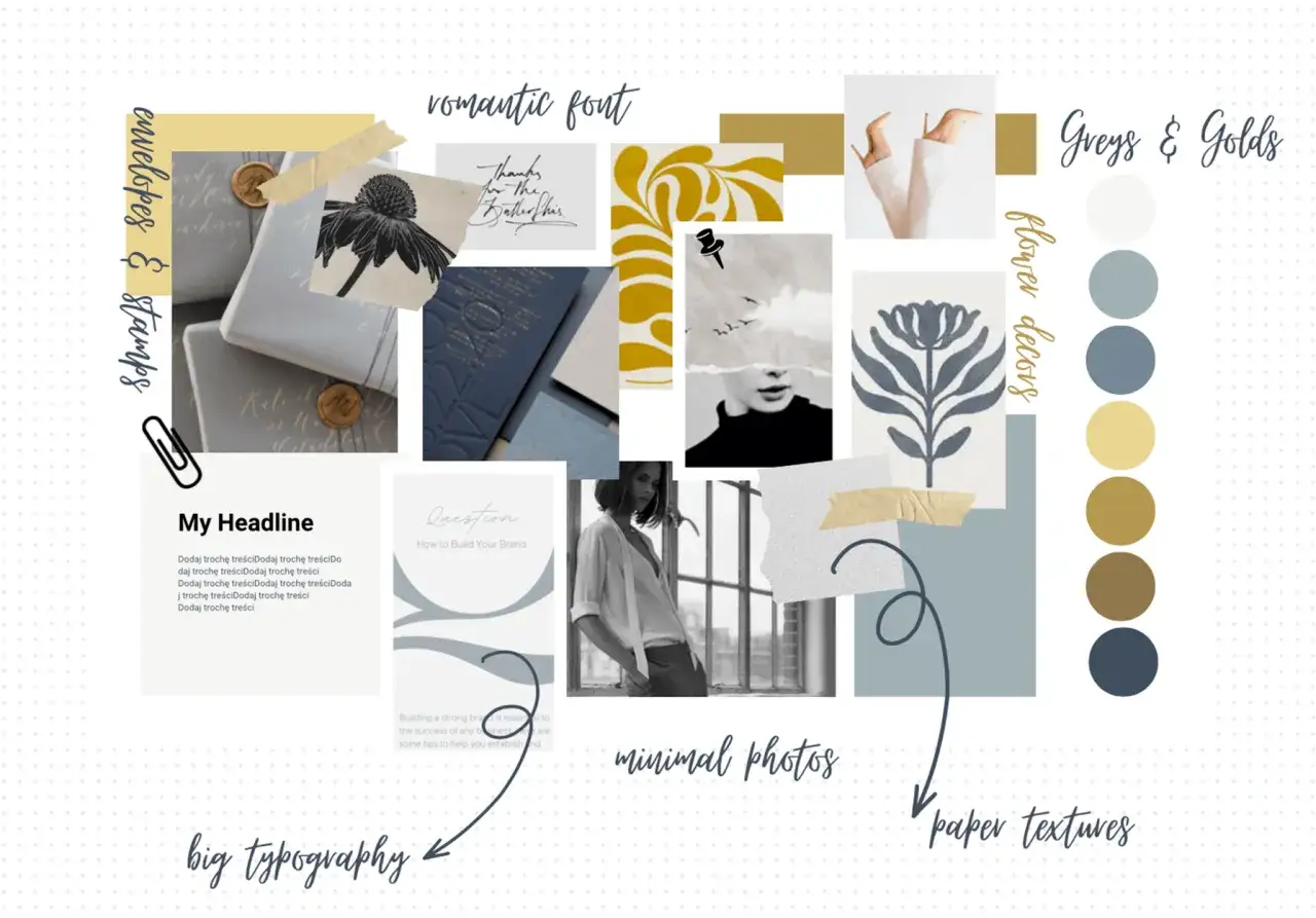Moodboard z elementami kopert, pieczęci, romantyczną czcionką, kwiatowymi dekoracjami, minimalnymi zdjęciami i teksturami papieru.