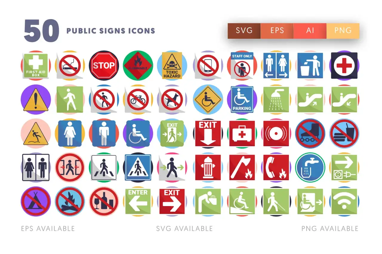 Zestaw 50 piktogramów publicznych znaków ostrzegawczych i informacyjnych, w tym wyjście, parking, pierwsza pomoc, stop, niebezpieczeństwo.