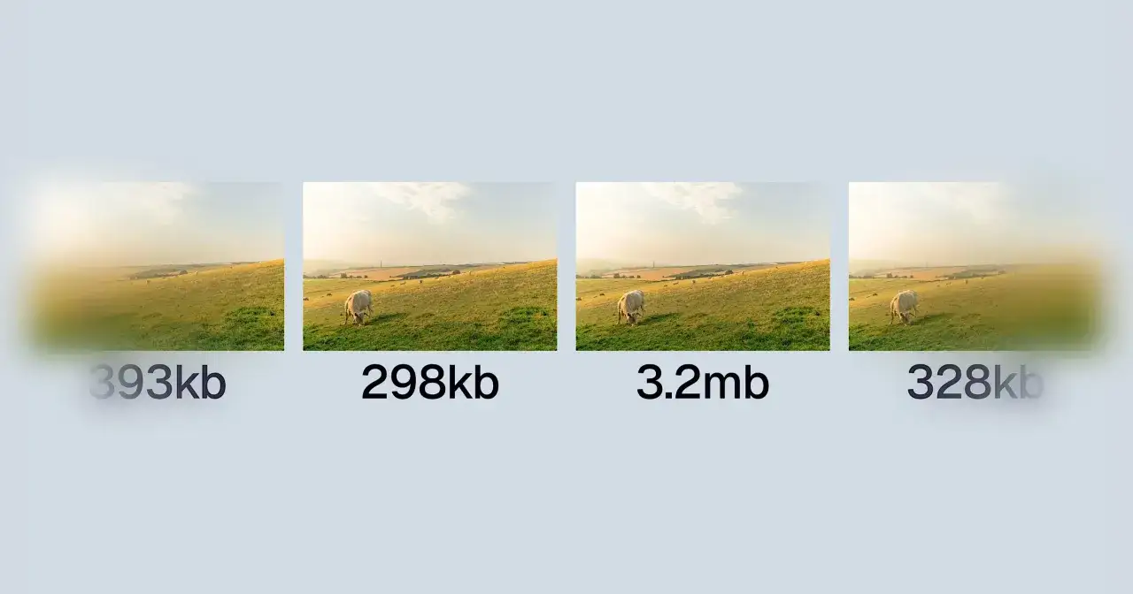 Porównanie rozmiarów plików: krajobraz z owcami w formacie avif, 393kb, 298kb, 3.2mb, 328kb.