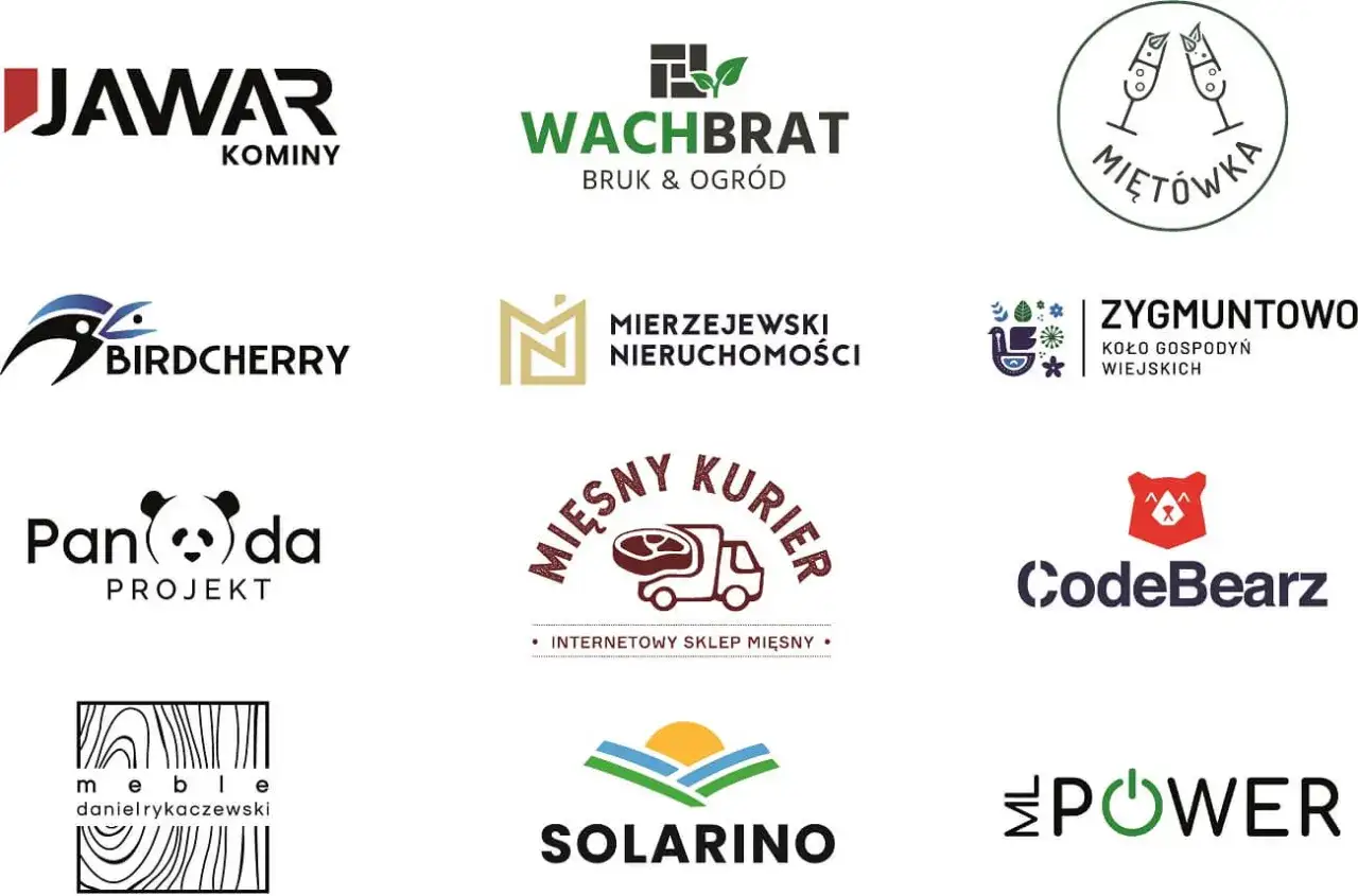 Kolekcja projektów logotypów: JAWAR KOMINY, WACHBRAT, MIETÓWKA, BIRDCHERRY, MIERZEJEWSKI NIERUCHOMOŚCI, ZYGMUNTOWO, Panda PROJEKT, MIĘSNY KURIER, CodeBearz, meble danielrykaczewski, SOLARINO, POWER.