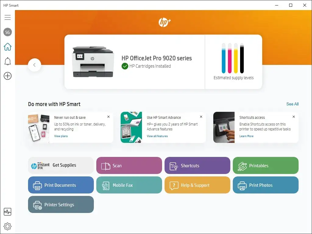 Aplikacja HP Smart interfejs