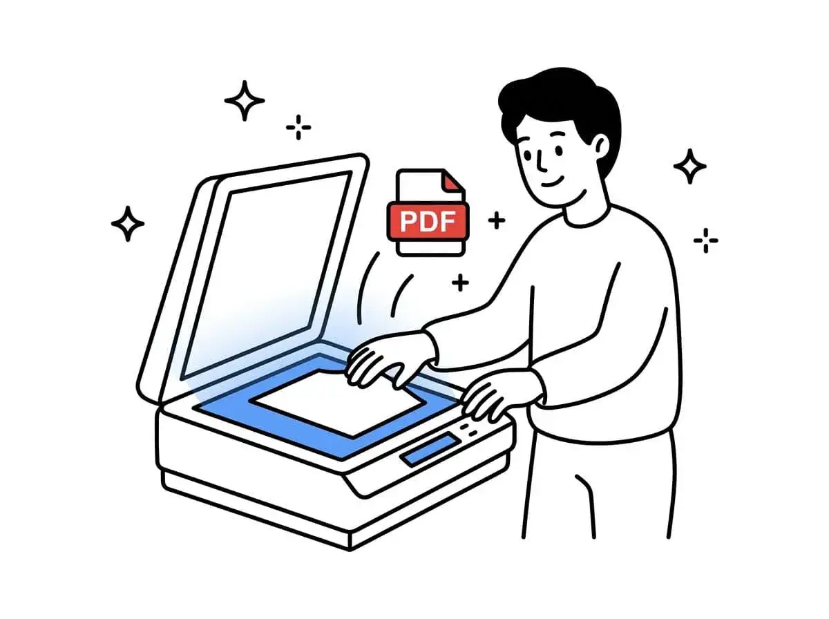 Mężczyzna skanuje dokumenty do formatu PDF. Obrazek przedstawia proces digitalizacji, gdzie papierowe dokumenty zamieniają się w pliki cyfrowe, np. tif.