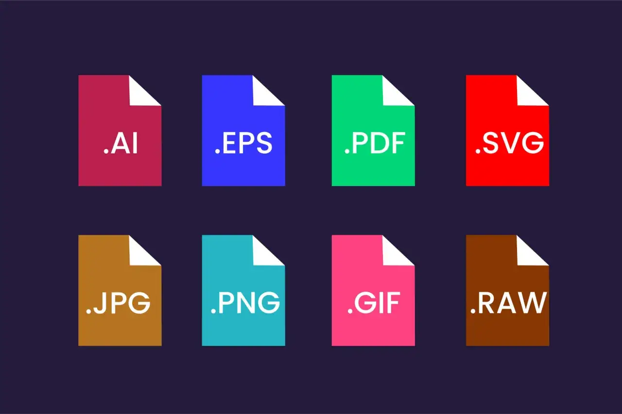 Ikony popularnych formatów plików graficznych: .AI, .EPS, .PDF, .SVG, .JPG, .PNG, .GIF, .RAW.