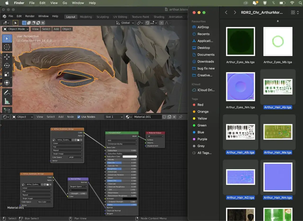 W programie Blender widać model oka postaci, a po prawej stronie okno z plikami tekstur, w tym Arthur_Eyes_Ma.tga.