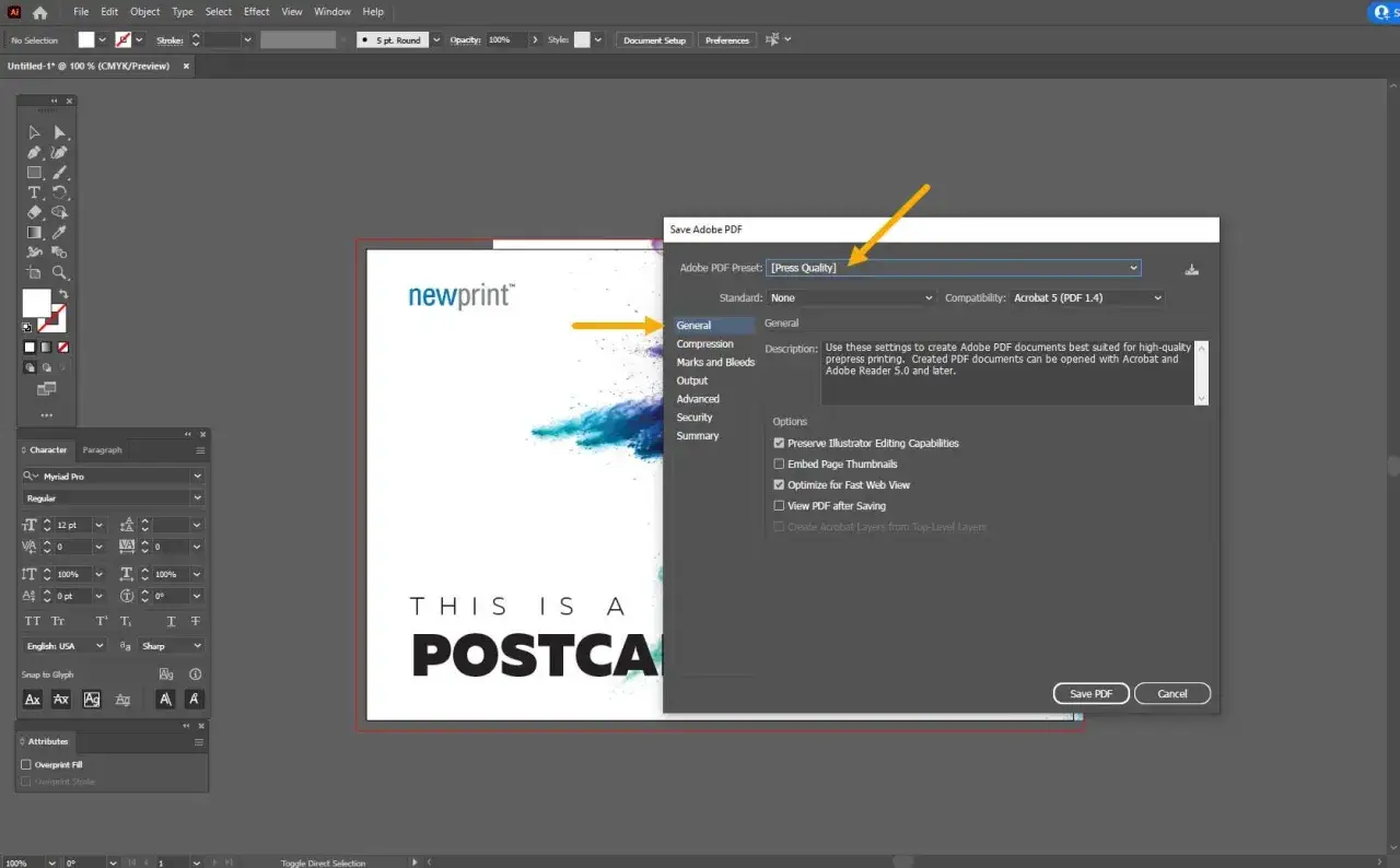 Ustawienia programu do drukowania PDF: Preset