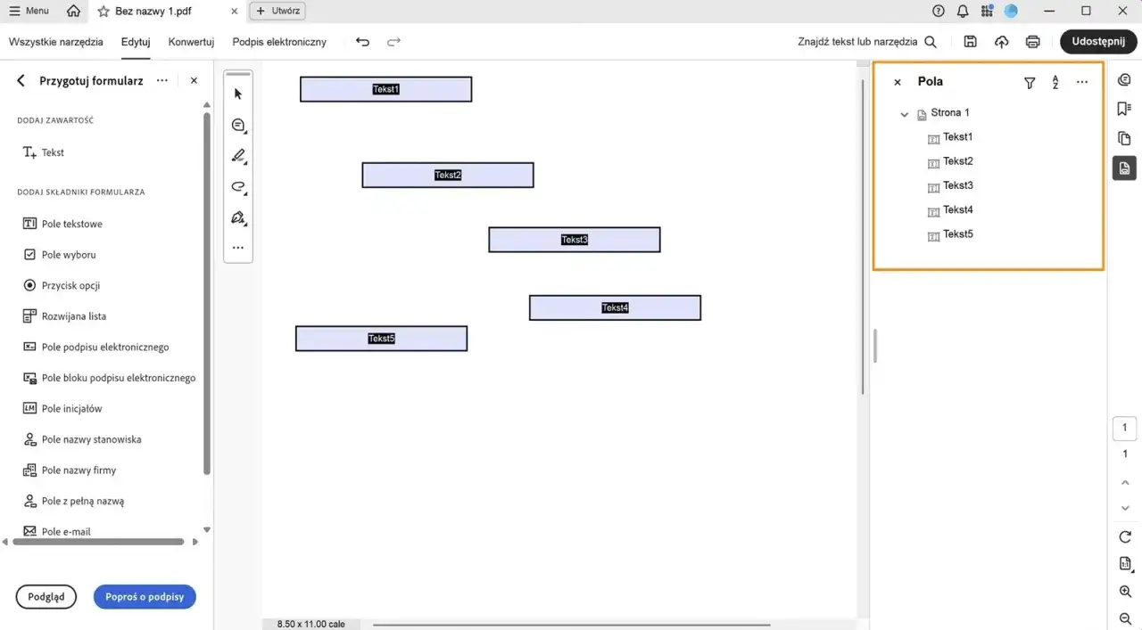 W programie Adobe Acrobat DC tworzenie formularza z polami tekstowymi: Tekst1, Tekst2, Tekst3, Tekst4, Tekst5.